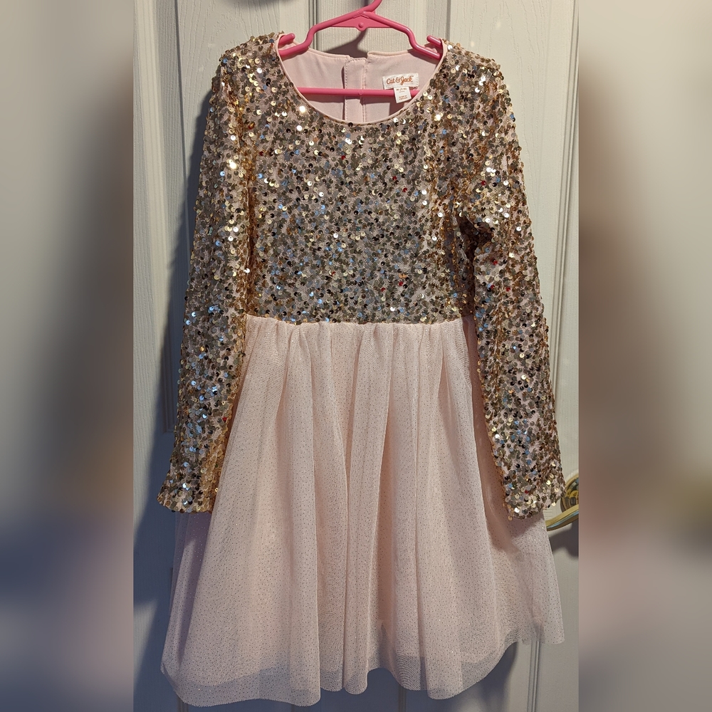 Cat & Jack Sequin/Tulle Long Sleeve Dress, Pink/Gold, Girls Size 7/8